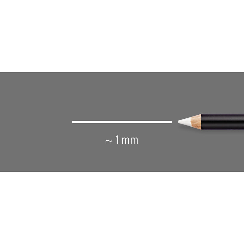 Line width illustration: a glasochrom pencil drawing a line of approx. 1 mm on grey, shown with the white pencil
