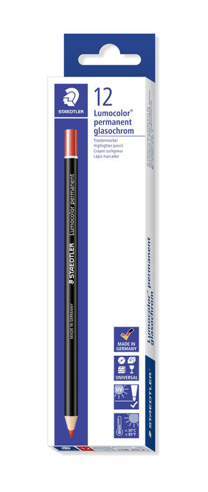 Staedtler Lumocolor permanent glasochrom box of 12 red pencils, white and blue box printed 12 with pictograms on the side panel