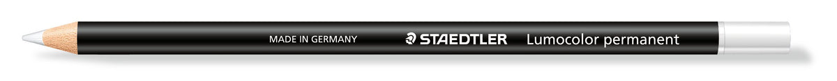 Single white Staedtler glasochrom pencil, black wood-cased barrel printed MADE IN GERMANY STAEDTLER Lumocolor permanent, white tip and end