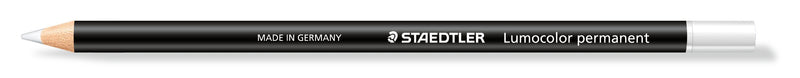Single white Staedtler glasochrom pencil, black wood-cased barrel printed MADE IN GERMANY STAEDTLER Lumocolor permanent, white tip and end