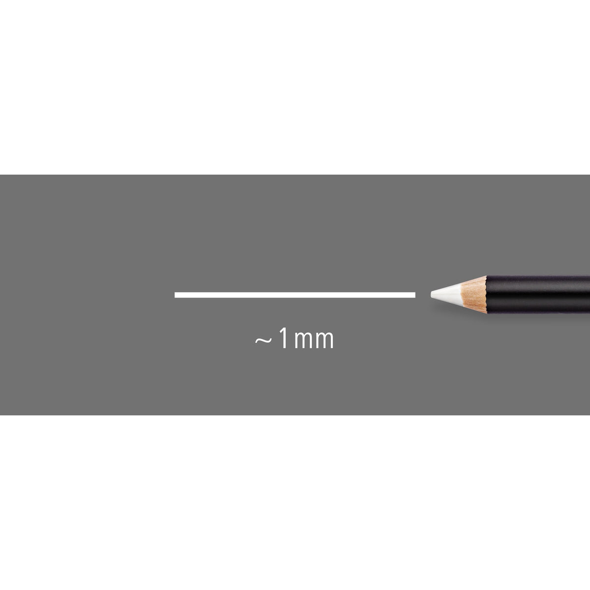Line width illustration: a glasochrom pencil drawing a line of approx. 1 mm on grey, shown with the white pencil