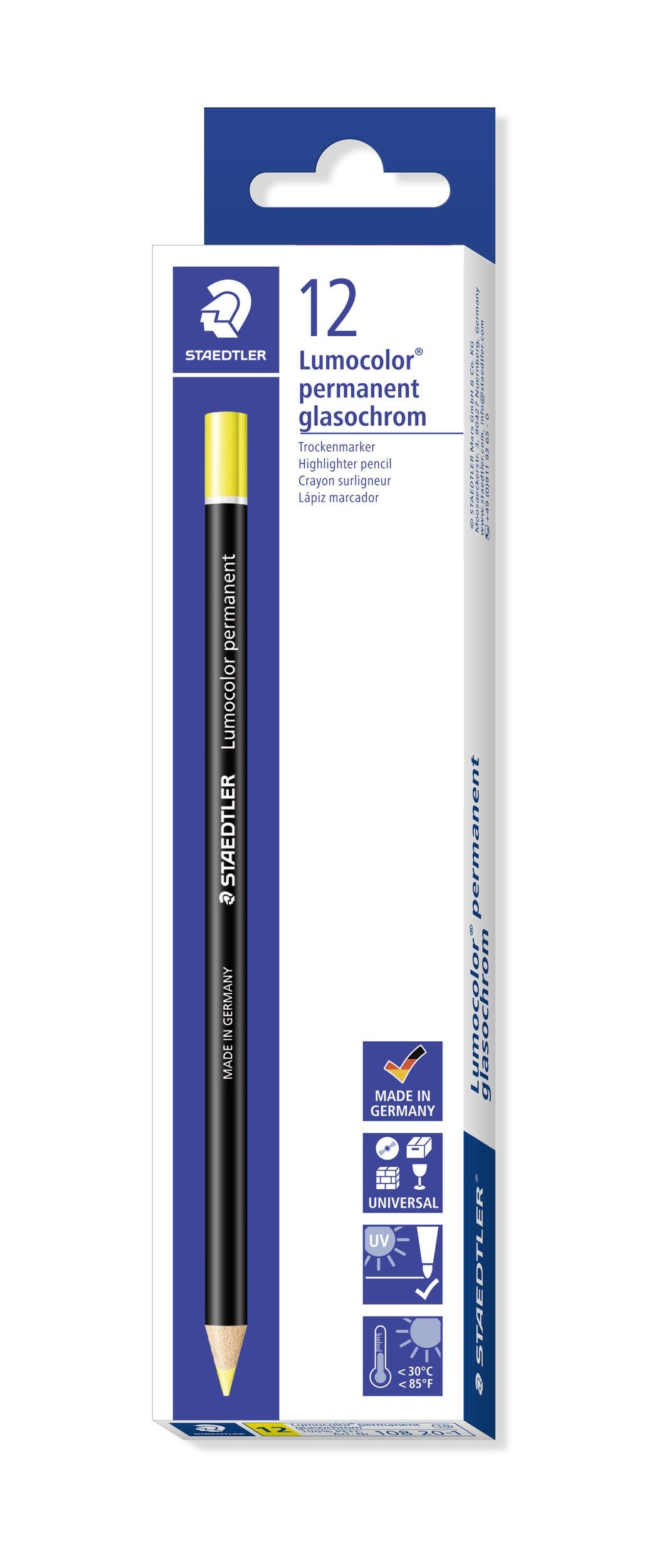 Staedtler Lumocolor permanent glasochrom box of 12 yellow pencils, white and blue box printed 12 with pictograms on the side panel