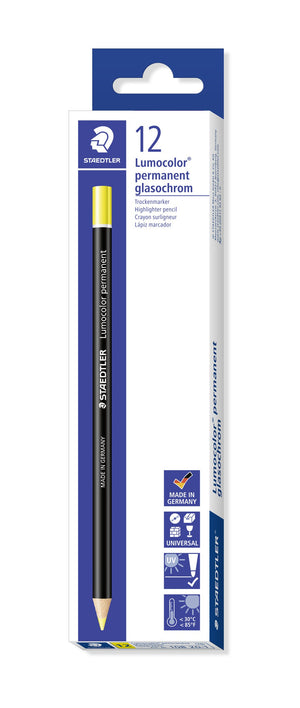 Staedtler Lumocolor permanent glasochrom box of 12 yellow pencils, white and blue box printed 12 with pictograms on the side panel