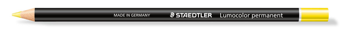 Single yellow Staedtler glasochrom pencil, black wood-cased barrel printed MADE IN GERMANY STAEDTLER Lumocolor permanent, yellow tip and end