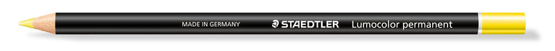 Single yellow Staedtler glasochrom pencil, black wood-cased barrel printed MADE IN GERMANY STAEDTLER Lumocolor permanent, yellow tip and end