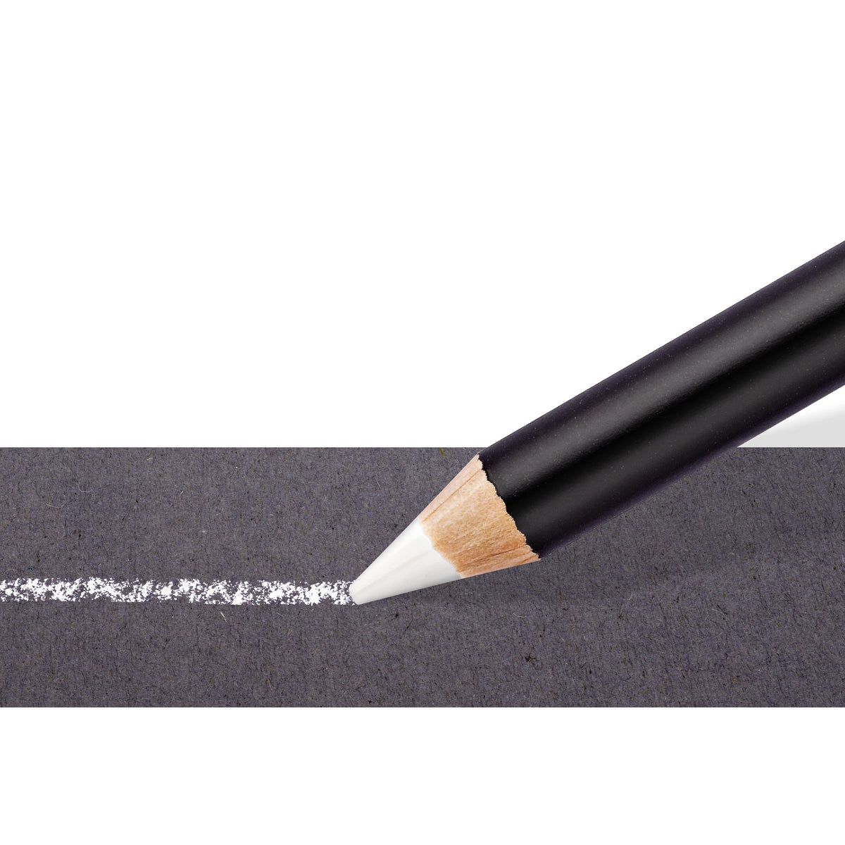 Close-up of a glasochrom pencil tip drawing a chalky line on dark grey, shown with the white 108 20-0 pencil from the range