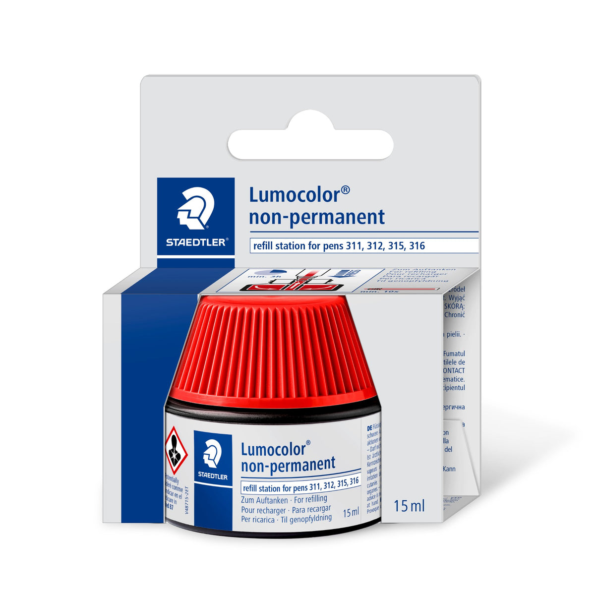 Staedtler Lumocolor non-permanent 487 15-2 refill station in its light grey retail box, red capped pot with the label refill station for pens 311, 312, 315, 316 and 15 ml printed on the box