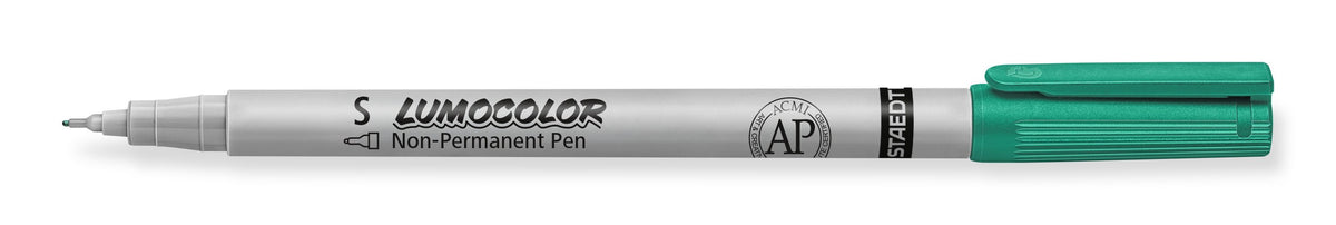 Staedtler Lumocolor non-permanent 311 pen in green with the cap off, showing the fine metal-clad superfine tip and grey barrel print