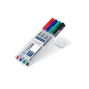 Staedtler Lumocolor non-permanent 311 WP4 box propped open as a stand, holding red, blue, green and black superfine pens