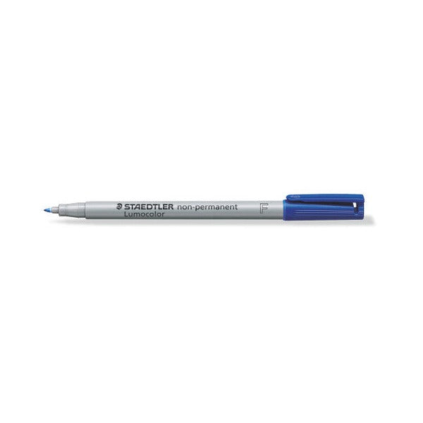 Blue Staedtler Lumocolor non-permanent 316 fine pen shown flat with the cap posted on the end and the fine tip exposed
