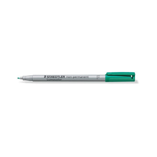 Green Staedtler Lumocolor 316 fine non-permanent pen uncapped, cap fitted on the end, fine fibre tip on the left