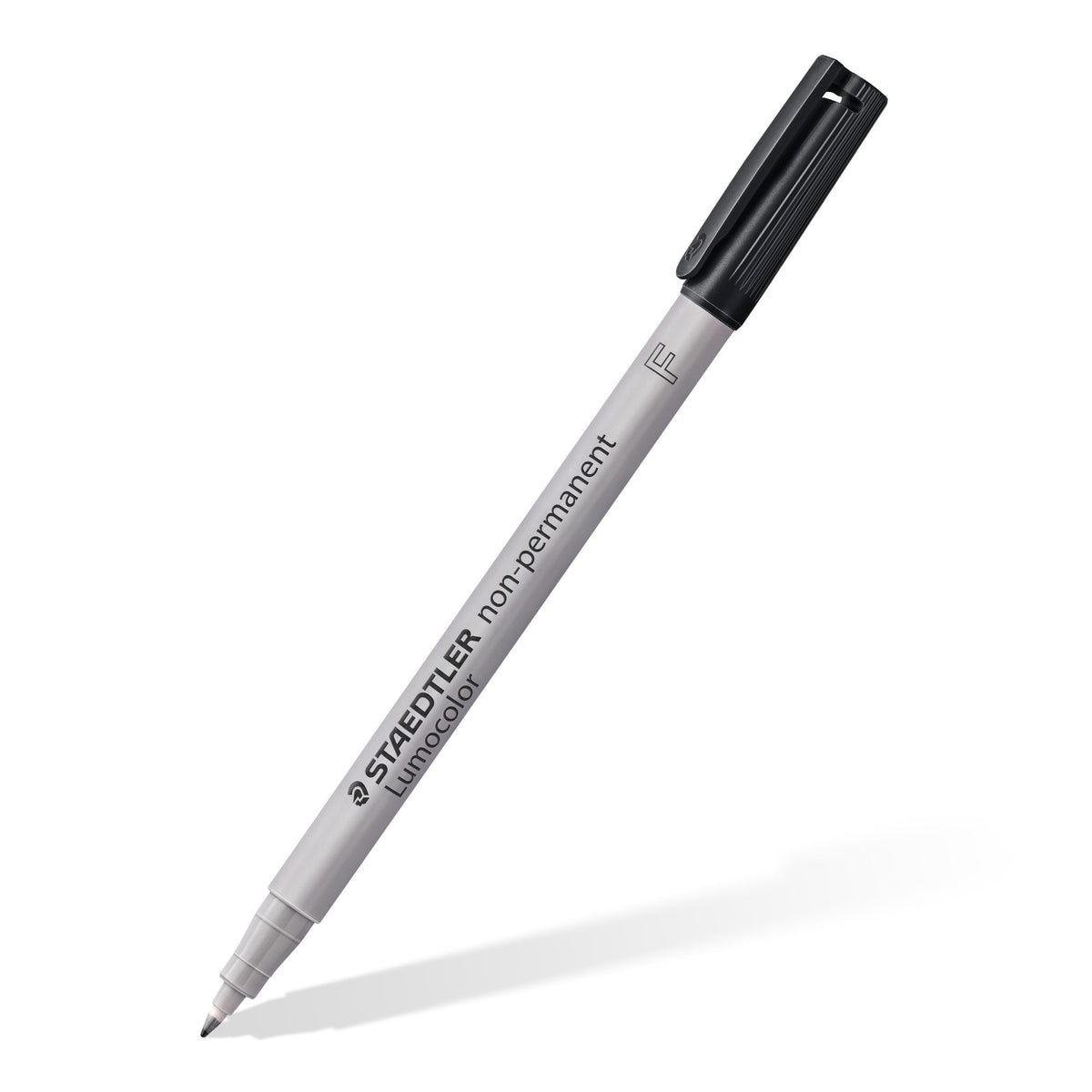 Lumocolor non-permanent F pen from Staedtler on a diagonal, pictured with a black cap; the 316-5 has a green cap