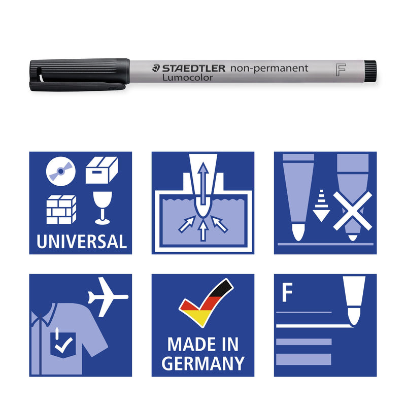 Six Staedtler pictograms under a black 316 pen: universal use, refill, locked tip, airplane-safe, Made in Germany, F line