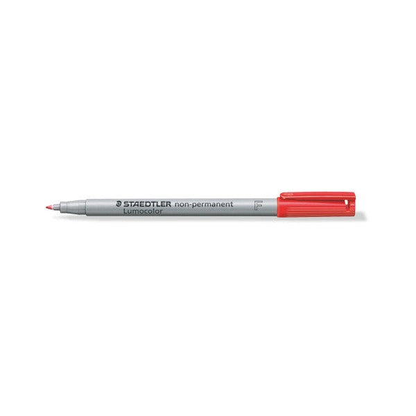 Uncapped red Lumocolor 316 F pen with its red cap posted on the back of the grey barrel