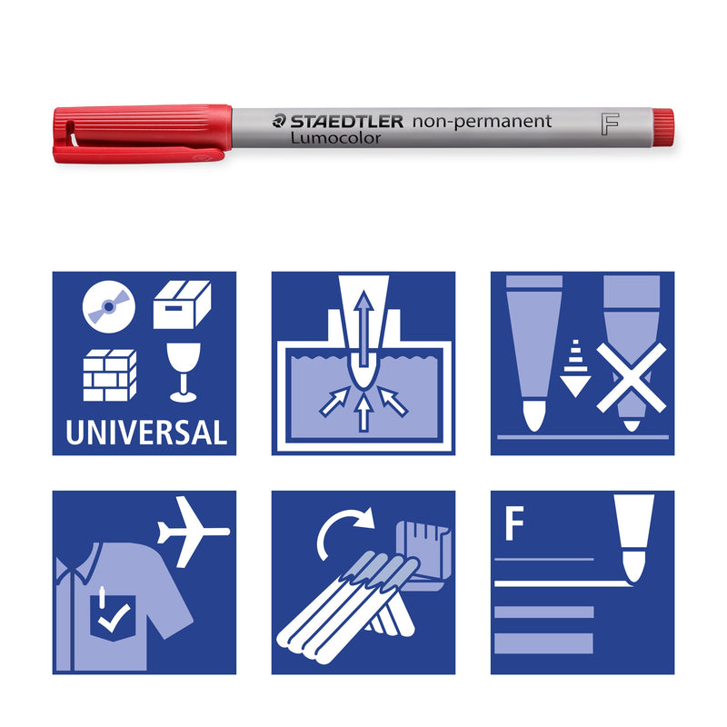 Red Lumocolor 316 pen above Staedtler pictograms: universal, refill station, locked tip, airplane-safe, stand-up STAEDTLER box and F line