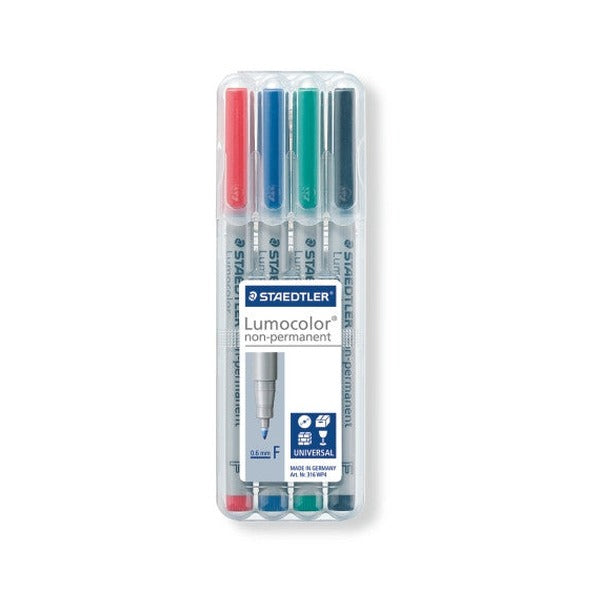 Upright clear Staedtler wallet of four Lumocolor non-permanent pens, red, blue, green and black, label marked F 0.6 mm and Art. Nr. 316 WP4