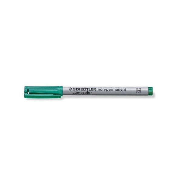 Capped green Lumocolor non-permanent pen lying flat, STAEDTLER non-permanent printed along the grey barrel