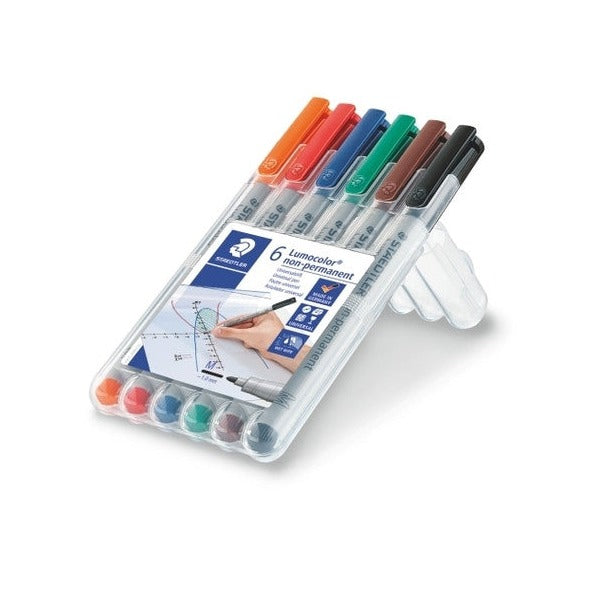 Staedtler 6 Lumocolor non-permanent wallet opened as a stand, medium pens in orange, red, blue, green, brown and black
