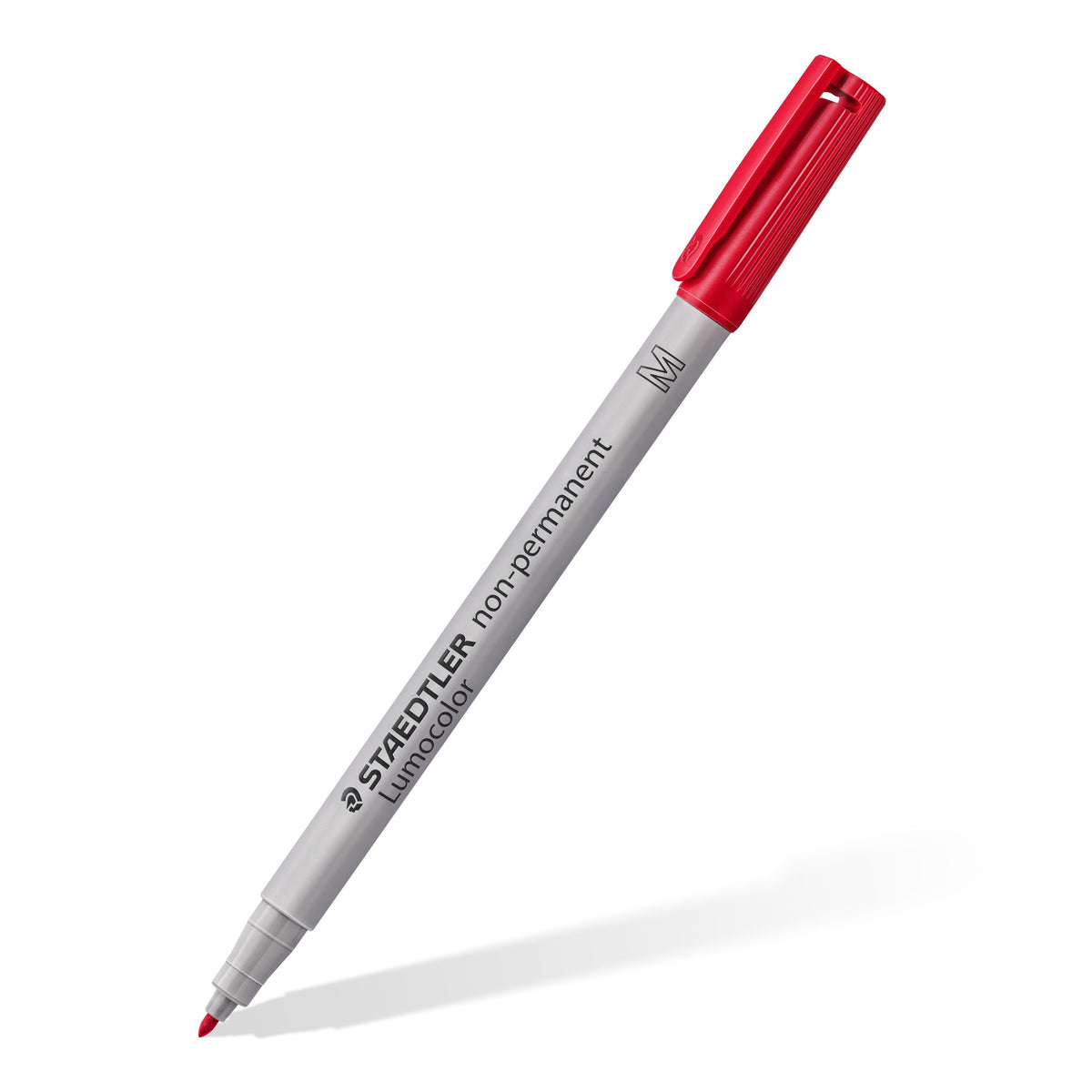 Medium Lumocolor non-permanent pen in red, angled with the cap posted, shown as a range example