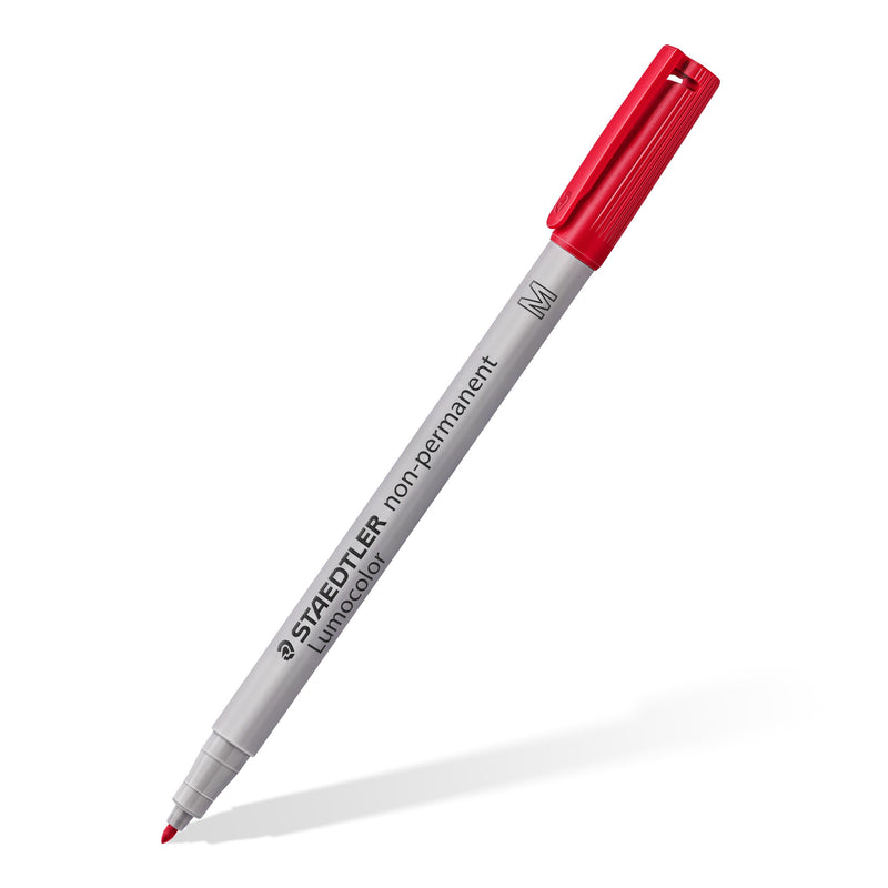 Medium Lumocolor non-permanent pen in red, angled with the cap posted, shown as a range example