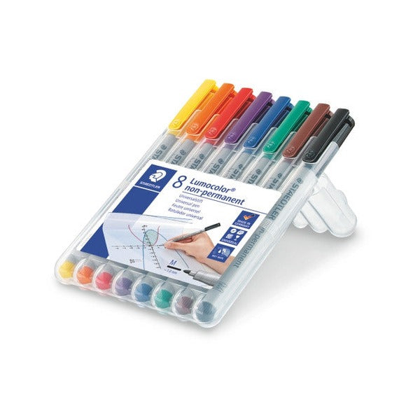 Eight medium Lumocolor non-permanent pens in a clear wallet opened out into a desk stand