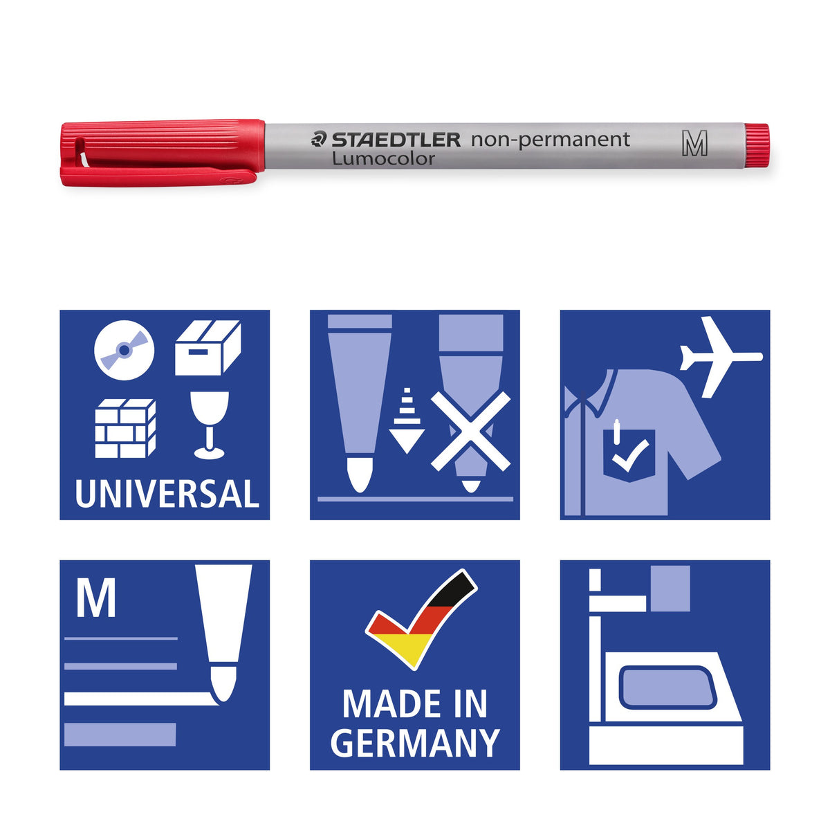 Pictograms for the medium Lumocolor non-permanent pen: universal, locked tip, airplane-safe, M tip, Made in Germany and OHP