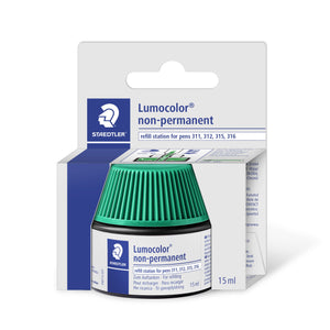 Staedtler Lumocolor non-permanent 487 15-5 green refill pot in its white and blue hanging carton, printed refill station for pens 311, 312, 315, 316 and 15 ml