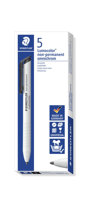 Staedtler box of 5 Lumocolor non-permanent omnichrom leadholders, printed 5 and Druckstift Leadholder, with a black clip marker and a Made in Germany badge
