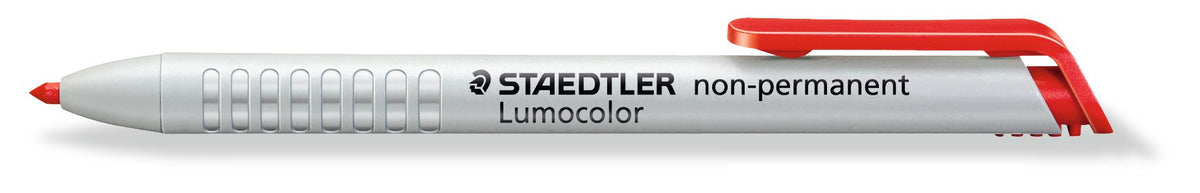 Staedtler Lumocolor non-permanent omnichrom 768N-2 leadholder lying flat, white barrel printed STAEDTLER non-permanent Lumocolor, red clip and red tip