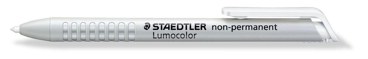 One of the five Staedtler 768N-0 white omnichrom leadholders in the box, shown side on with a ribbed grey barrel and white clip