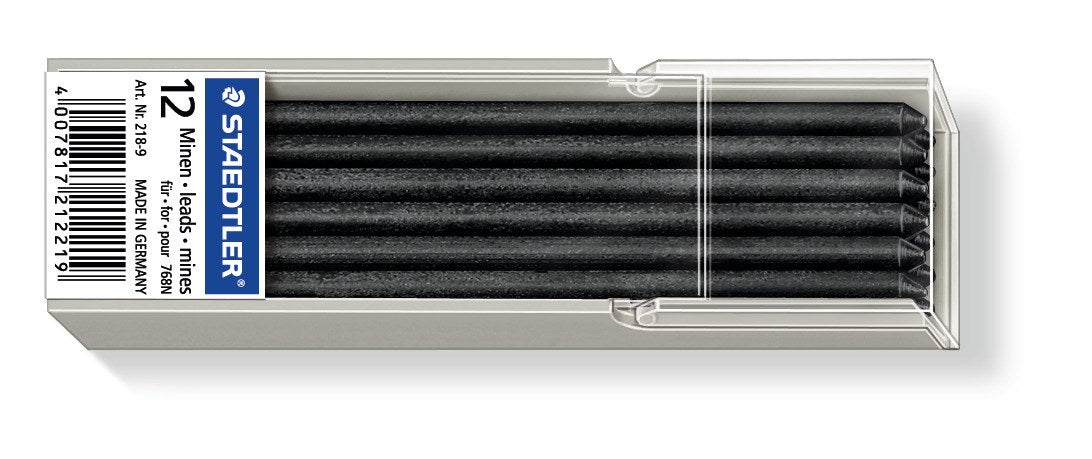 Staedtler 218-9 clear tray holding 12 black omnichrom refill leads, blue end label printed 12 with barcode