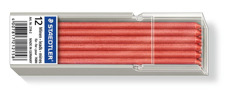 Clear tray of 12 red Staedtler 218-2 omnichrom leads lying side by side, blue STAEDTLER end label printed 12 with the article number and a barcode