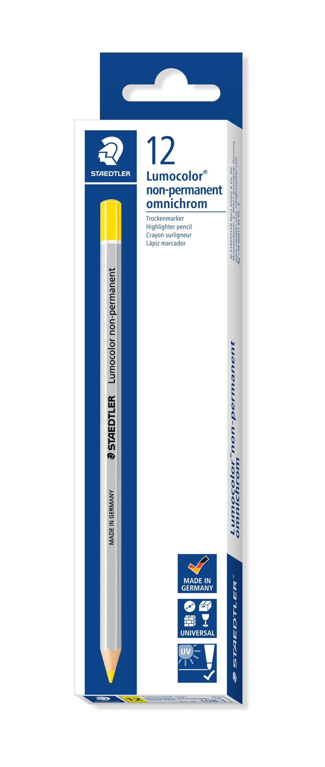 Staedtler Lumocolor non-permanent omnichrom box of 12 in yellow, hanging box printed 12 with a yellow-tipped pencil and pictograms