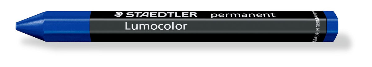 Single blue Lumocolor permanent omnigraph 236-3 crayon lying flat, blue pointed end and black Staedtler printed wrap