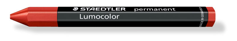 Single red Lumocolor permanent omnigraph 236-2 crayon on its side, showing the Staedtler permanent Lumocolor print