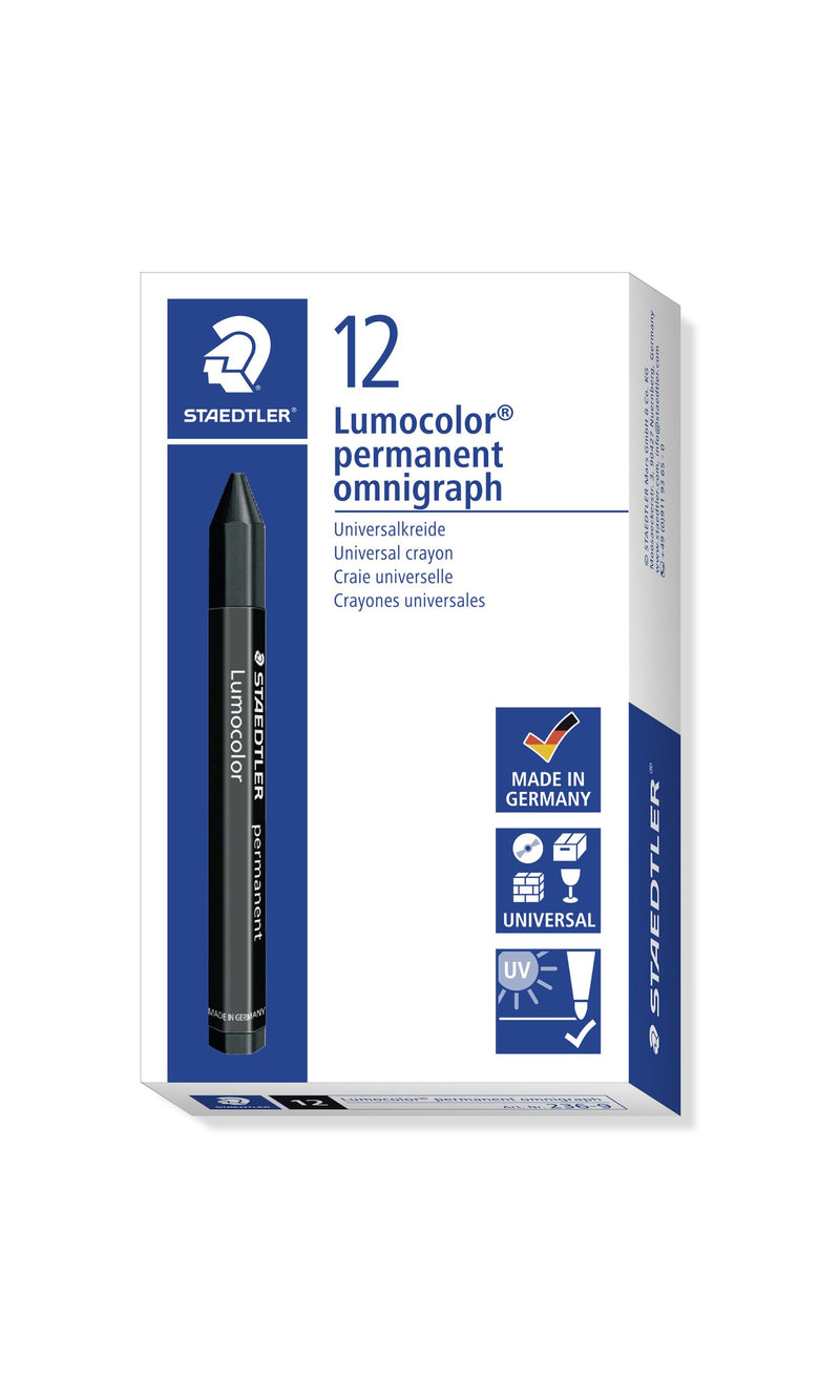 Box of 12 Lumocolor permanent omnigraph crayons from Staedtler, photographed with the black 236-9; the red version comes in the same style of box