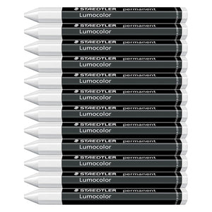 Column of twelve white Staedtler Lumocolor permanent omnigraph crayons with white tips and dark printed wraps