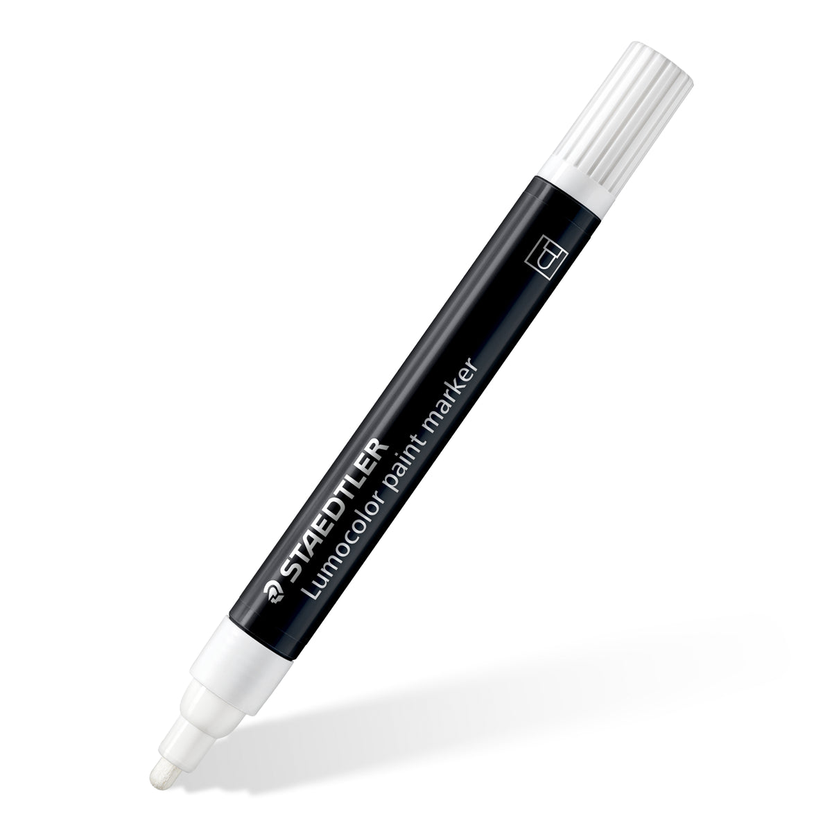 Lumocolor acrylic paint marker in white laid diagonally, black barrel printed with the Staedtler name and a rounded bullet tip
