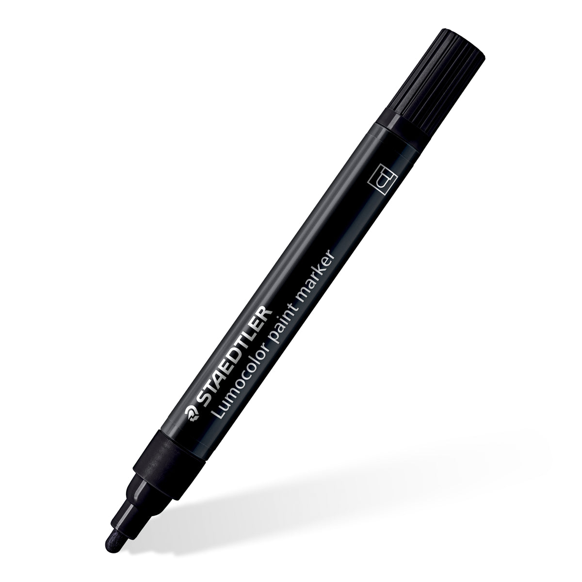 Capped black Lumocolor paint marker at a diagonal, with Staedtler Lumocolor paint marker printed in white on the barrel
