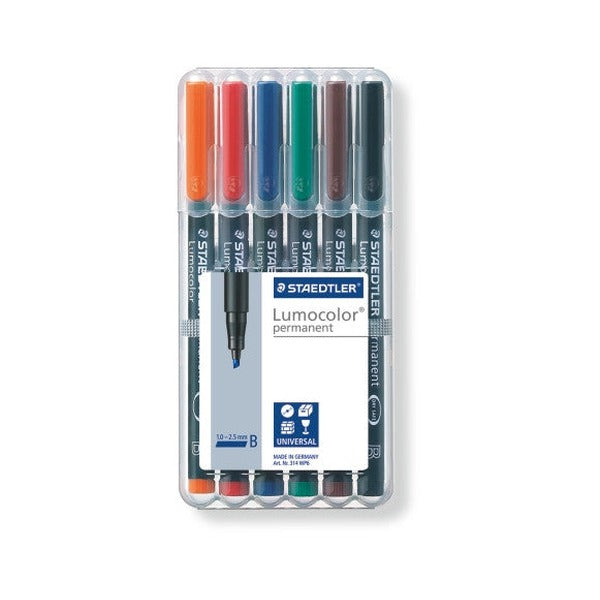 Staedtler Lumocolor permanent 314 WP6 wallet standing upright, six broad pens in orange, red, blue, green, brown and black, older white label with B line