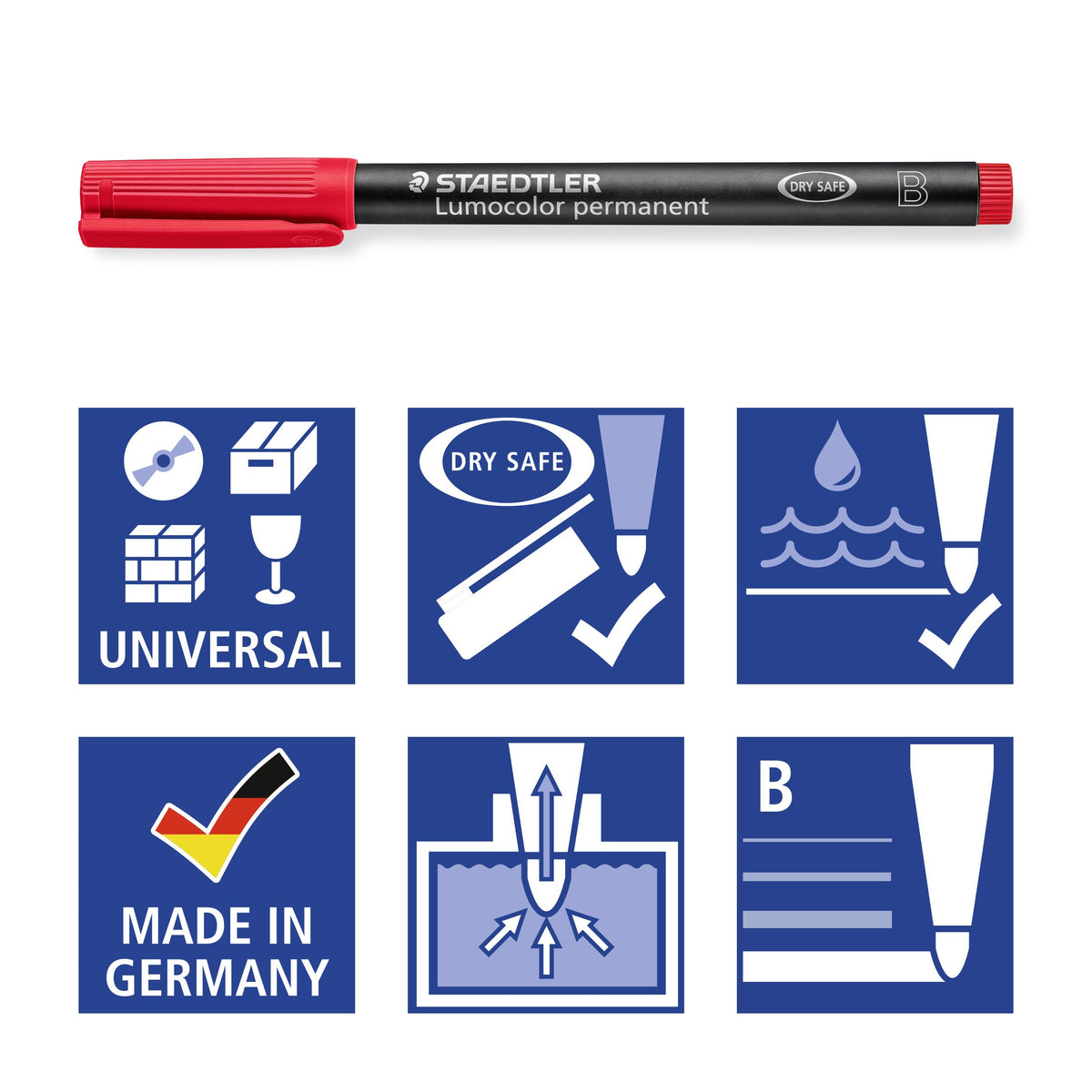 Staedtler pictograms for the 314: universal, DRY SAFE, waterproof, Made in Germany, locked tip and line width B, under a red pen