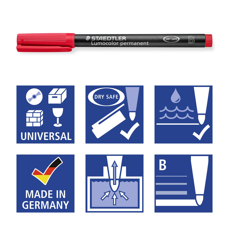 Staedtler pictograms for the 314: universal, DRY SAFE, waterproof, Made in Germany, locked tip and line width B, under a red pen