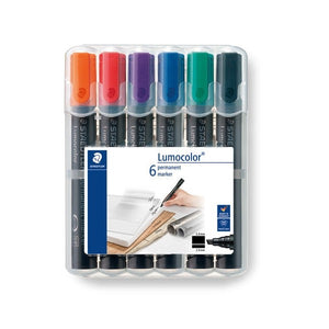 Clear Staedtler wallet holding six Lumocolor chisel markers with orange, red, violet, blue, green and black caps