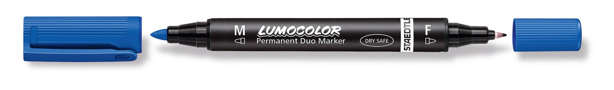 Blue Lumocolor permanent duo marker uncapped at both ends, blue caps beside the medium and fine tips