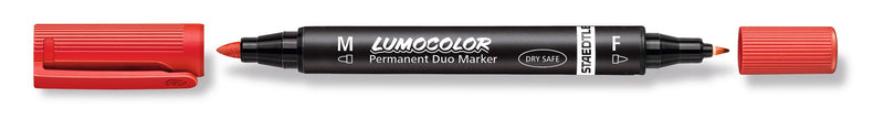 Red Lumocolor permanent duo marker with red caps removed, showing the M medium and F fine tips