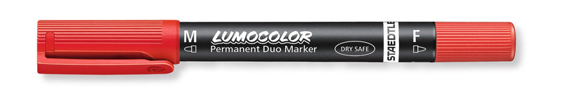 Lumocolor permanent duo marker with both red caps on, black barrel with M and F markings