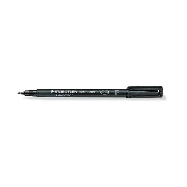 Black Staedtler Lumocolor permanent 318-9 fine pen with black cap lying on its side