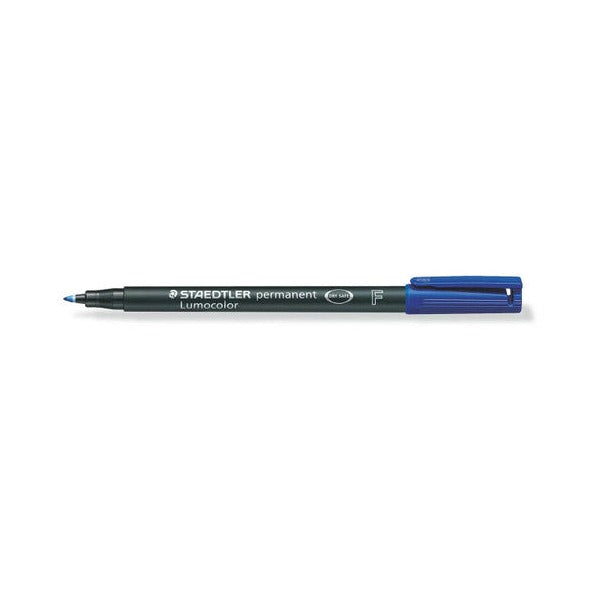 Staedtler Lumocolor permanent 318-3 fine pen with blue cap and black barrel lying flat