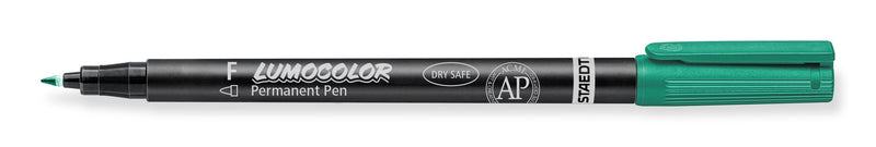 Green Staedtler Lumocolor permanent 318-5 fine pen lying flat with the cap removed, tip pointing left