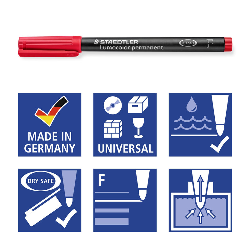 Staedtler pictograms for the 318: Made in Germany, universal surfaces, waterproof, DRY SAFE, F tip and locked tip